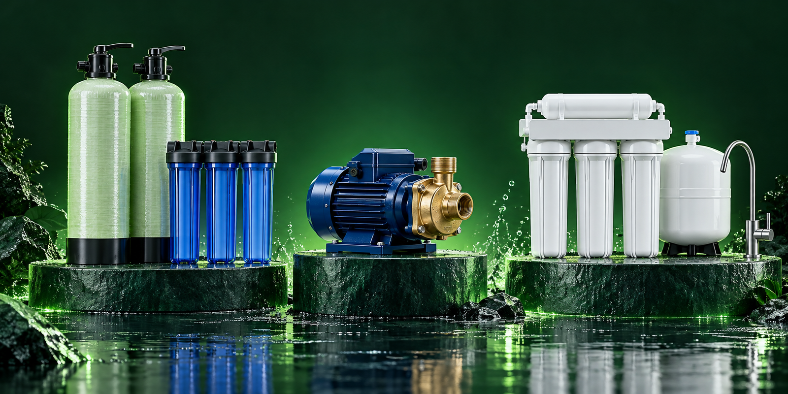 Ilustrasi produk: filter air, pompa booster, dan sistem RO